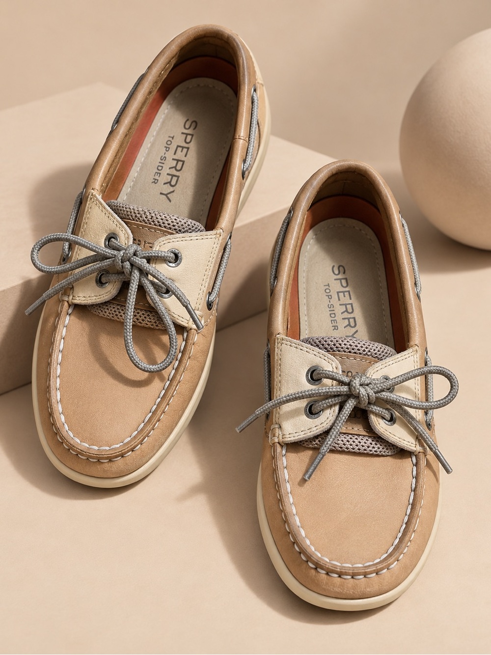 Sperry Top-Sider Men’s 7.5 Tan Leather Boat Shoes Brown Gray Lace Up